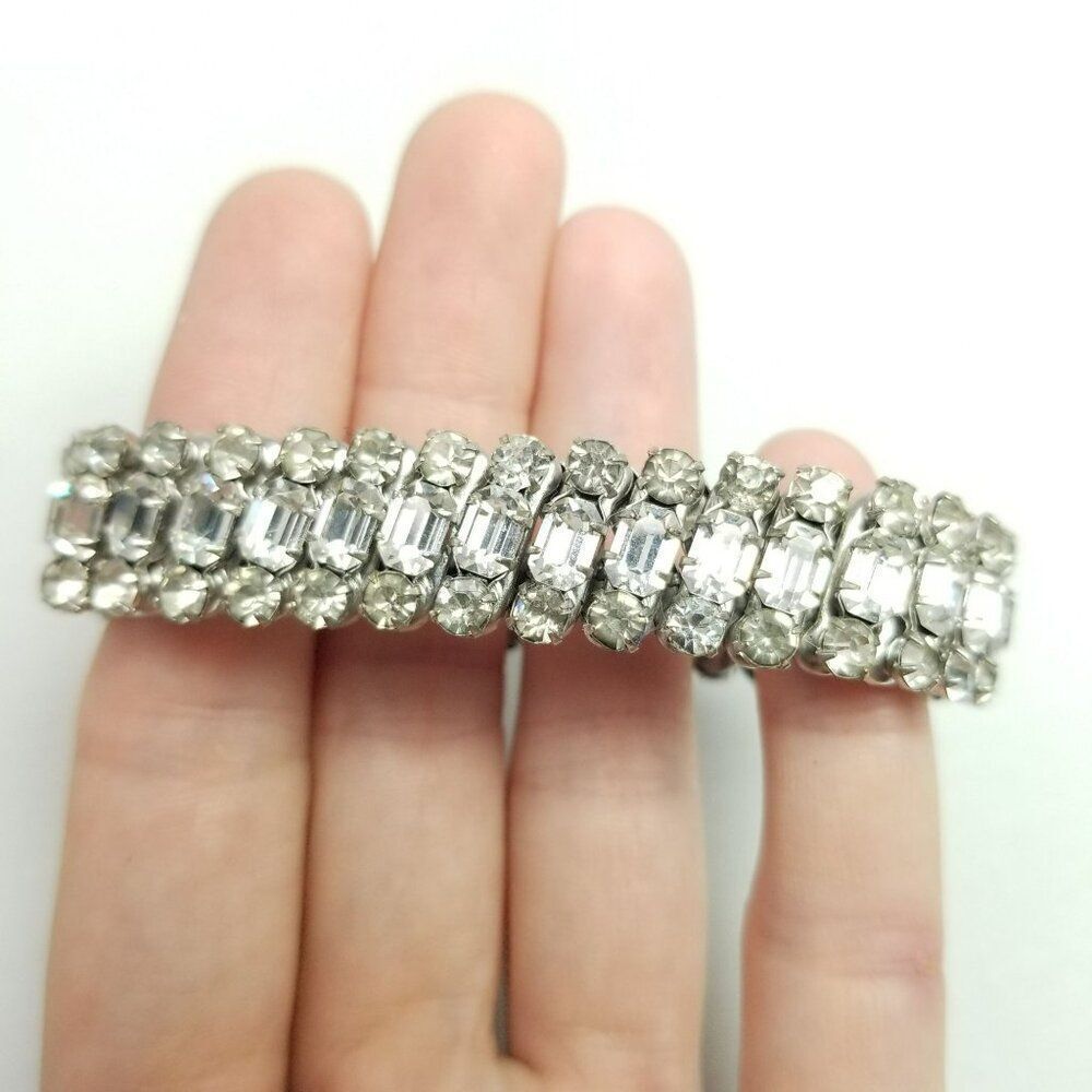 Vintage Three Row Rhinestone Stretch Expansion Bracelet, Emerald Shape Stones - Picture 7 of 8